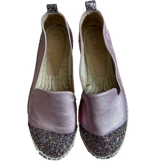 Chio Womens Leather Glitter Espadrilles Flat Shoes Round Toe Size 7.5US Purple - Picture 1 of 6